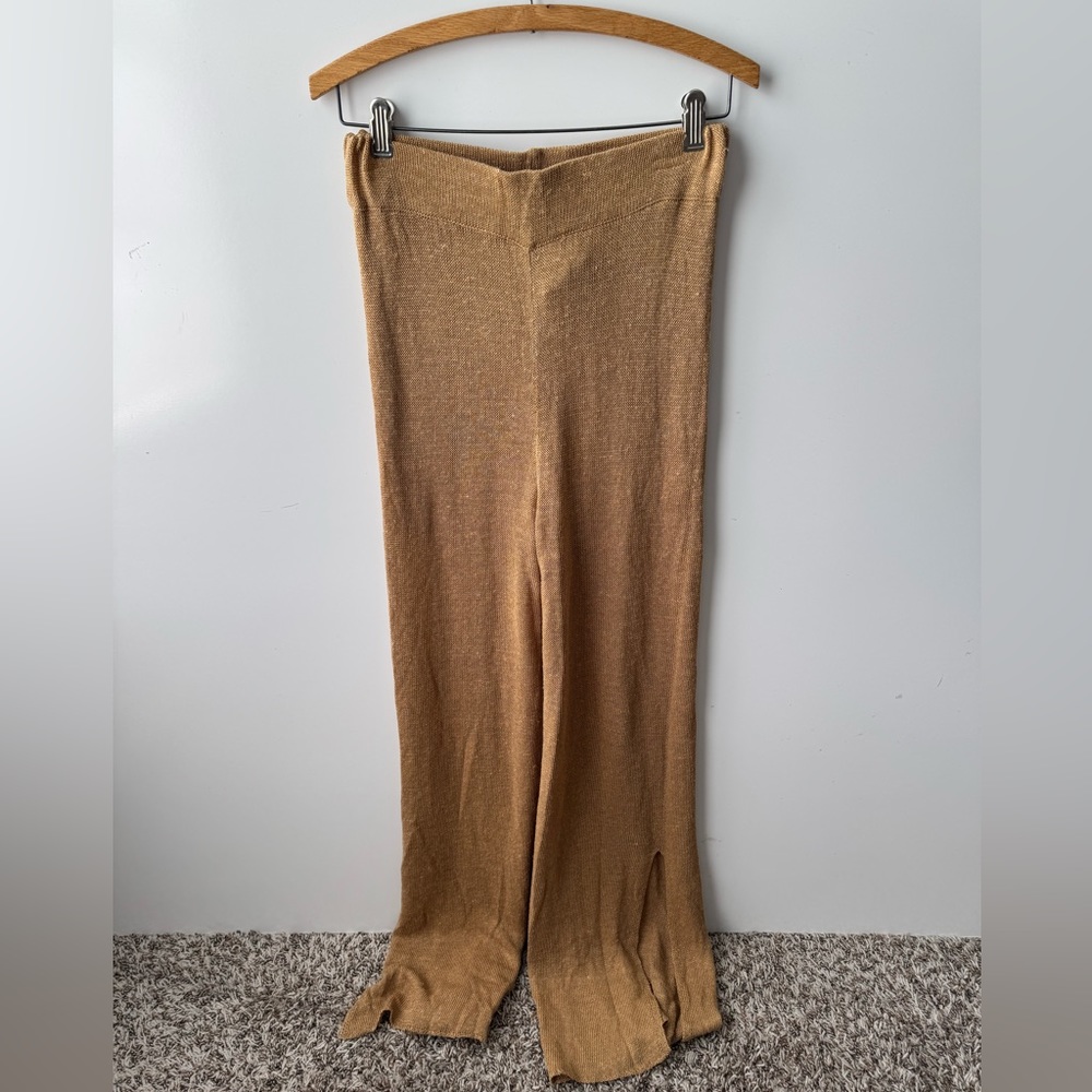 ZARA Knit High Rise Brown Linen Blend Leg Slits Wide Leg Pants Size Small NWT